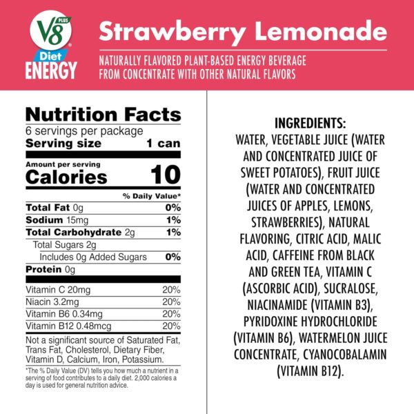 V8 +Energy Diet Strawberry Lemonade Juice Energy Drink, 8 fl oz Can (6 Pack) - Image 4