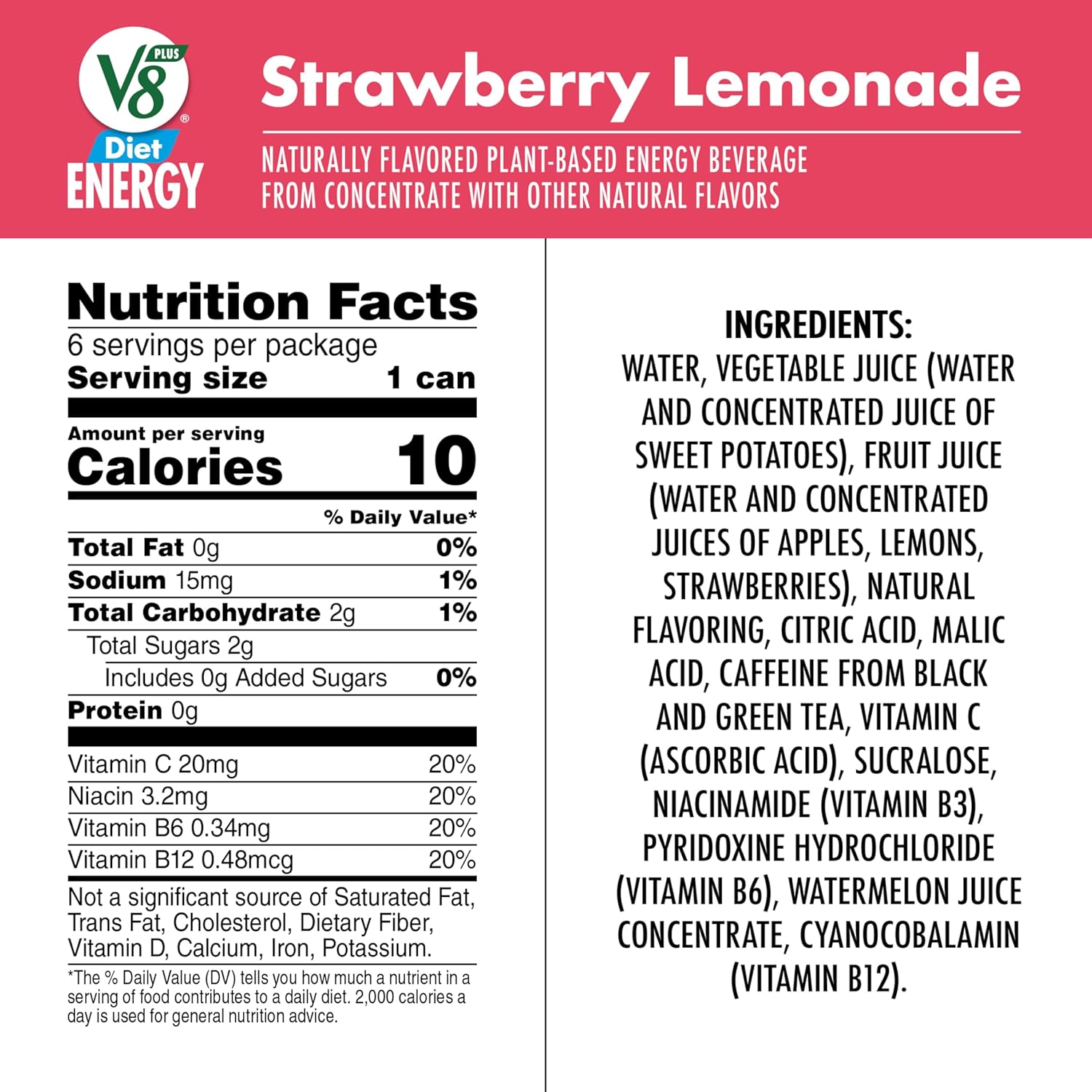 V8 +Energy Diet Strawberry Lemonade Juice Energy Drink, 8 fl oz Can (6 Pack) - Image 4