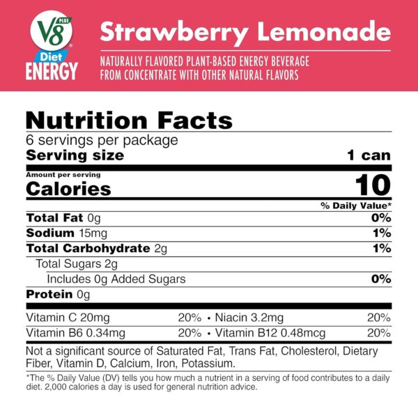 V8 +Energy Diet Strawberry Lemonade Juice Energy Drink, 8 fl oz Can (6 Pack) - Image 3