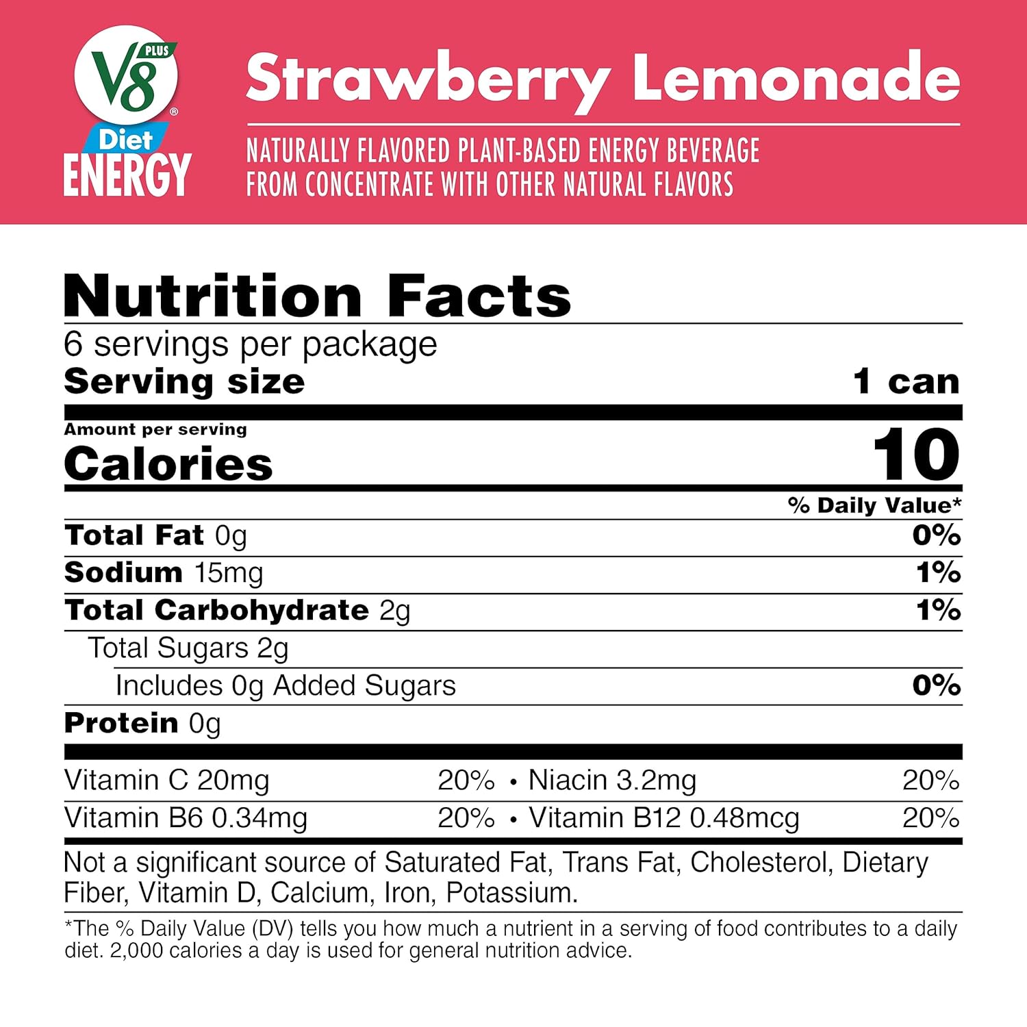 V8 +Energy Diet Strawberry Lemonade Juice Energy Drink, 8 fl oz Can (6 Pack) - Image 3