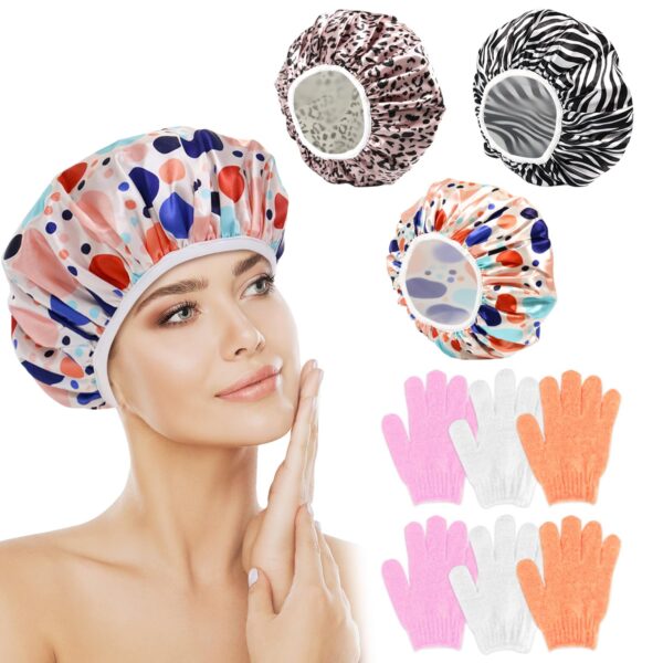 Shower Cap Reusable Waterproof 3PC with Exfoliating Bath Gloves 3 Pairs