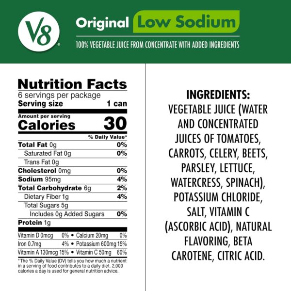 V8 Low Sodium Original 100% Vegetable Juice, 5.5 fl oz Can (6 Pack) - Image 3