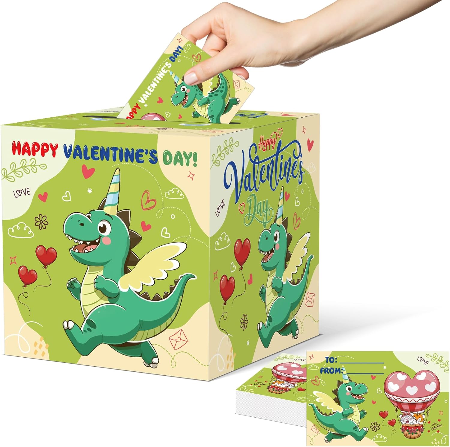 Valentines Dinosaur Mailbox with 50 Valentines Greeting Cards