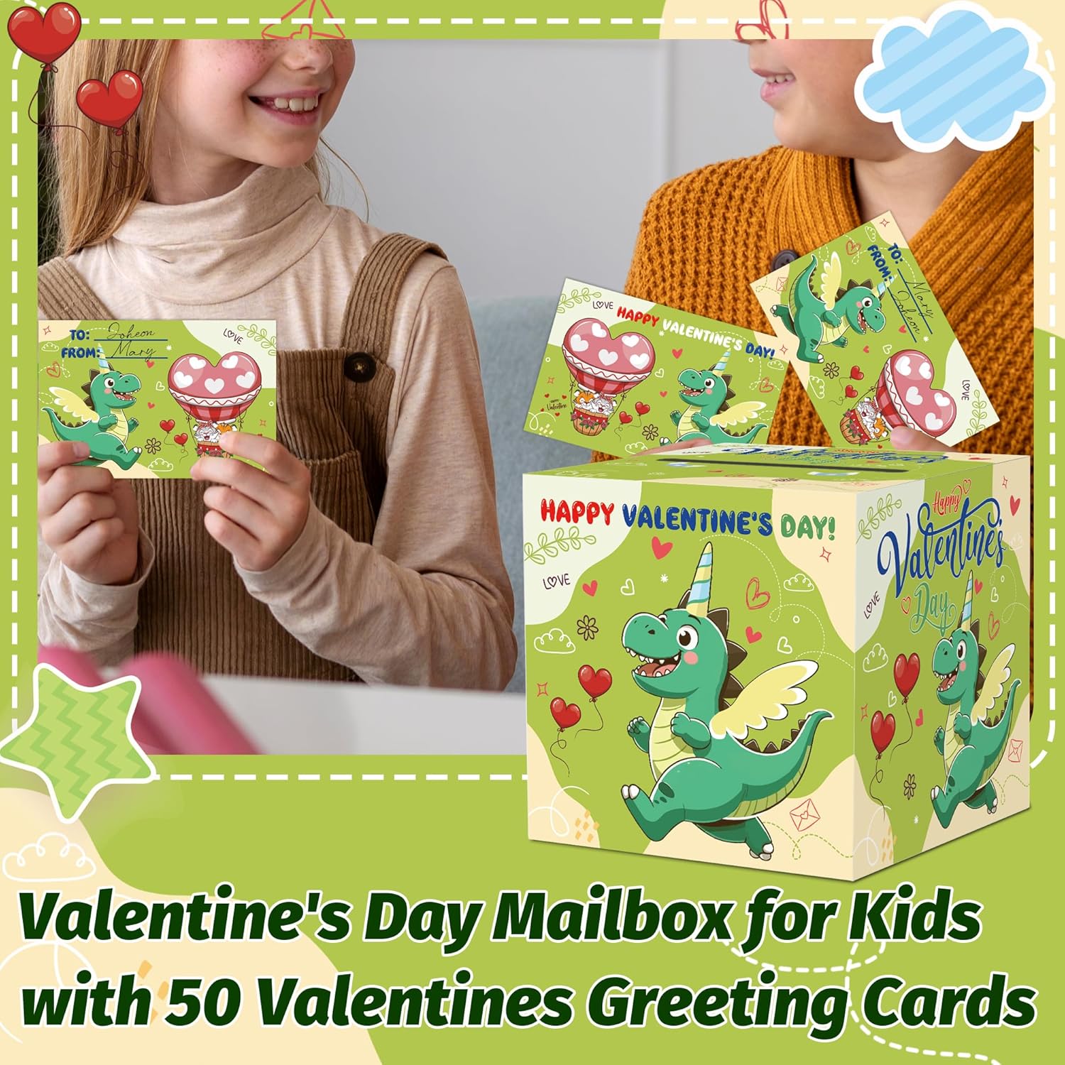 Valentines Dinosaur Mailbox with 50 Valentines Greeting Cards - Image 3