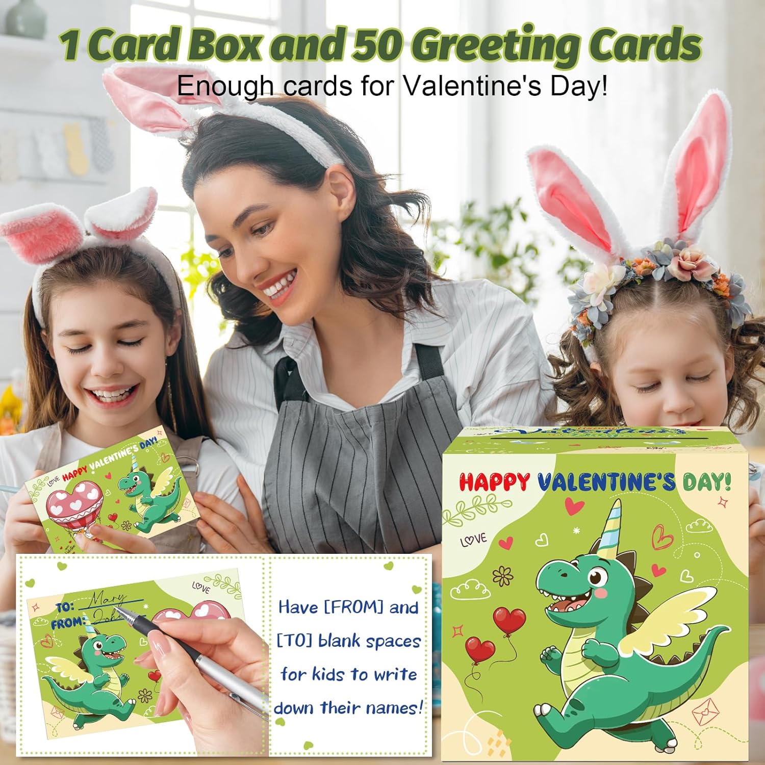 Valentines Dinosaur Mailbox with 50 Valentines Greeting Cards - Image 2